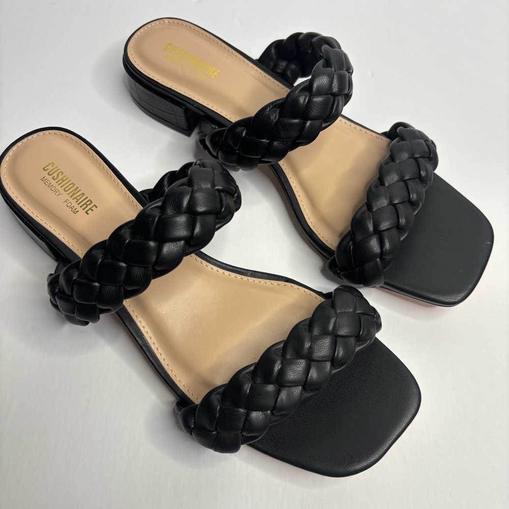 SH1 Cushionaire Black Woven Braided Sandals Low Block Heel Memory Foam 9W NWOT